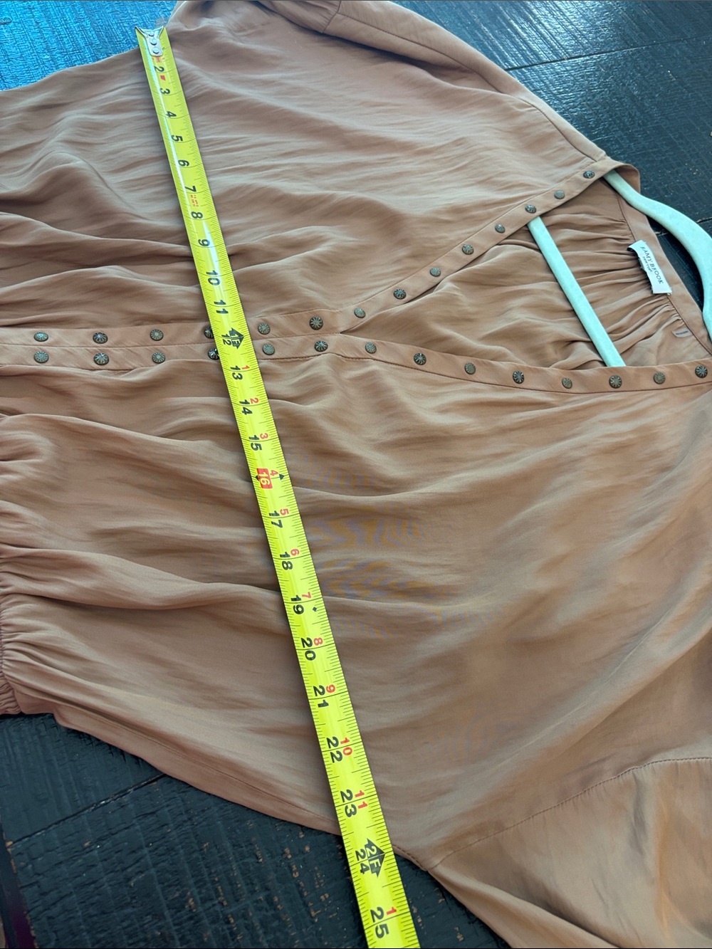 Ramy Brook Copper Brown Smocked Top V-neck Flare Lace Sleeves sz Large - Picture 8 of 9